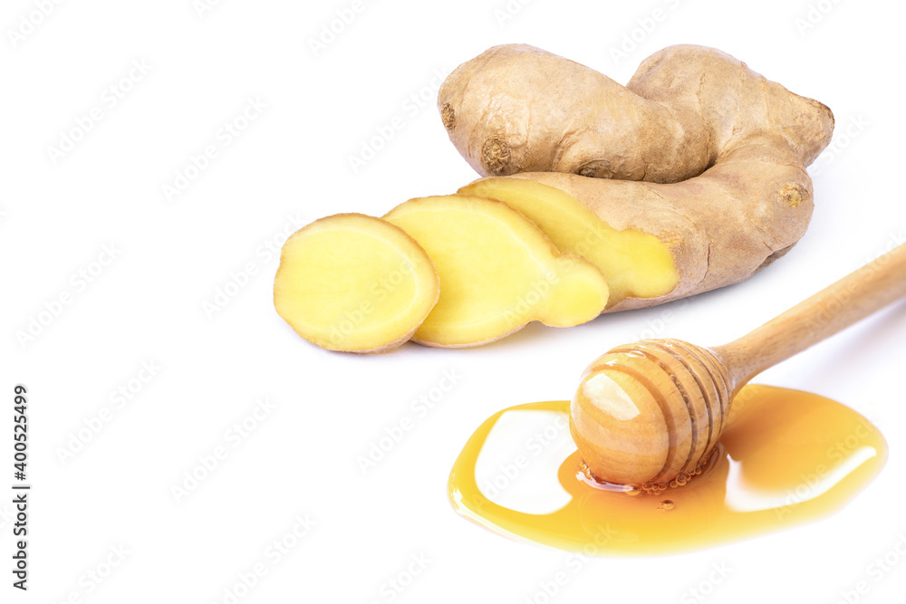 Poster closeup fresh organic ginger root with slice and pure honey isolated on white background.