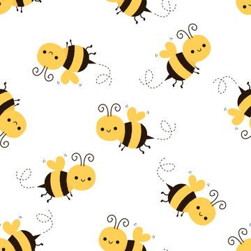 Seamless pattern with bees and honey on white background vector illustration. Cute cartoon character.
