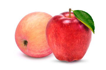 Closeup two whole pink fuji and red washington apples with green leaf isolated on white background.
