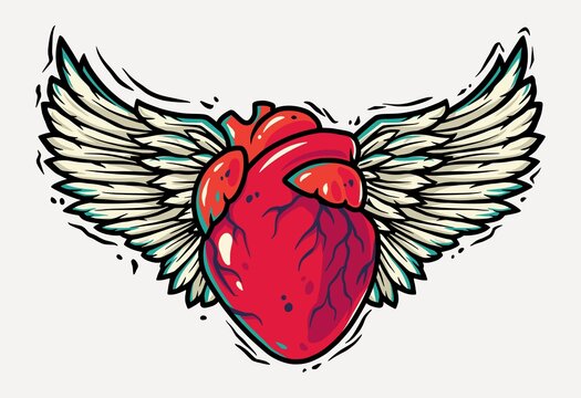 Human heart and Pair of bird wings with feathers. Vector tattoo illustration