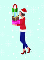 Woman holding presents. vector illustration