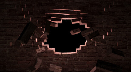 Destroyed brick wall with Big Hole on a dark background.