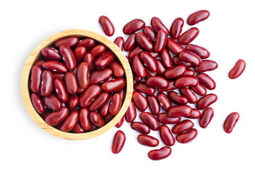 Red beans or kidney bean in wooden bowl isolated on white background. Top view. Flat lay.