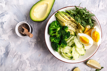 Buddha bowl with avocado, cucumber, arugula, lime and broccoli. vegetarian food concept. Long banner format. space for text