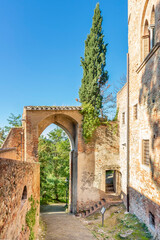 Fototapeta na wymiar The ancient Porta Alberti with gothic arch at the entrance to the historic center of Certaldo Alto, Italy