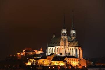 Night photo of beautiful old architecture. Petrov, Cathedral of St. Peter and Paul. City of Brno - Czech Republic - Europe.