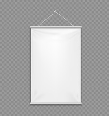 Empty textile banner mockup. Vector 3d realistic. White template hanging on a rope. Rectangular vertical blank for branding and advertising isolated on transparent. Awning, Textiles, PVC, Vinyl. EPS10