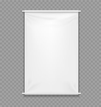Vector realistic textile banner. Empty Mockup. White blank template for branding and advertising. Rectangular vertical Mock up isolated on transparent. Awning, Textiles, PVC, Vinyl, Banner. EPS10.