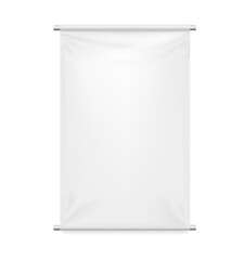 Empty textile banner mockup. Vector 3d realistic. White blank template for branding and advertising. Rectangular vertical shape with two metal pipes. Awning, Textiles, PVC, Vinyl, Nylon, Banner. EPS10