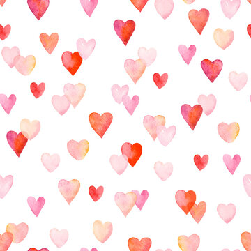 Watercolor seamless pattern with colorful hearts on white background. Cute holiday illustration for Valentine day, birthday or wedding. 