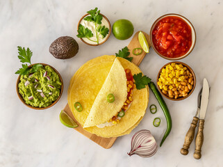 Tortilla wrap or burrito with corn, beans, greens, and homemade guacamole.