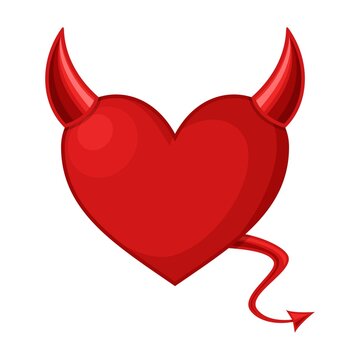Red Heart with devil horns and a tail isolated on white background, Devil love. Valentine Day concept, Vector illustration