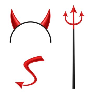 Devils horns head gear, trident and tail isolated on white background. Demon costume, halloween mask, party time, devil wears. Vector illustration