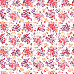 Fototapeta na wymiar Beautiful yellow and pink watercolor flowers and leaves on a white background. Seamless pattern for greeting card design, invitation card, printing, booklet, packaging paper, etc.