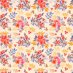 Fototapeta na wymiar Beautiful old-fashioned yellow and pink watercolor flowers. Seamless retro pattern for greeting card design, invitation card, printing, booklet, packaging paper, etc.