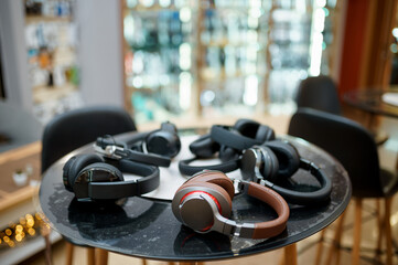 Headphones on the counter in speaker system store