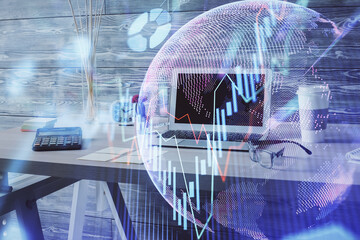 Double exposure of financial graph drawing and office interior background. Concept of stock market.