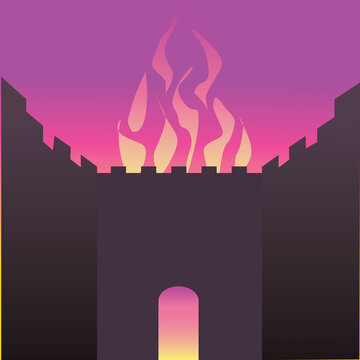 The wall of the Temple in Jerusalem is burning.
Vector drawing of a black silhouette of a gate made of ancient stones and behind it a burning fire that also comes out of the round gate