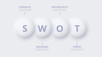 Neumorphic element for infographic. Skeuomorph SWOT concept with 4 options, parts, steps or processes