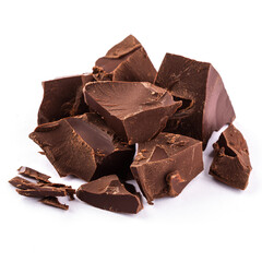 Broken pieces of dark chocolate isolated on white background. Confectionery chocolate.