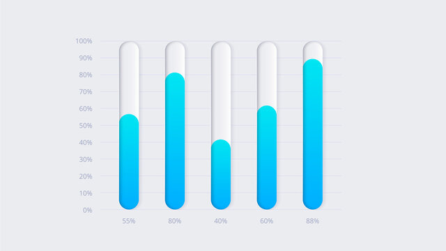 Neumorphic column chart infographic. Skeuomorph concept with 5 options, parts, steps or processes