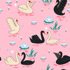 Seamless pattern with swans on the pond. Vector graphics.