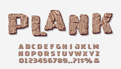 Plank font. Old cracked wooden alphabet. Timber texture.