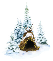 Snow-covered winter hovel (shelter) with lights in a winter spruce forest hand drawn in watercolor isolated on a white background. Watercolor winter illustration. Winter landscape.