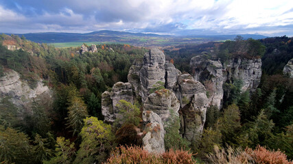 Fototapeta na wymiar Bohemian Paradise beautiful landscape in the Czech Republic stock images. Sandstone cliff in Bohemian Paradise. Beautiful autumn landscape with rocks and forests stock photo