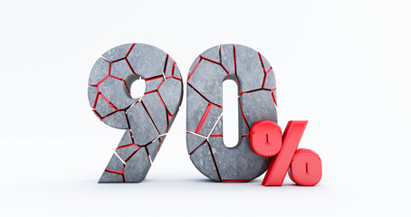 3D render of  broken ninety percent (90%)  isolated on white background, 90  ninety percent sale. Black friday idea. up to 90%.