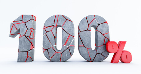 3D render of  broken one hundred percent (710%)  isolated on white background, 100 one hundred percent sale. Black friday idea. up to 100%.