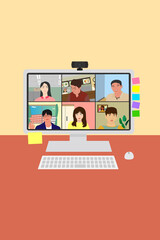 Online meeting, Video conference, work from home job, smart phone size, home, telework, live, web banner, web header, footer, flier, blue, frame, copy space, vector illustration, graphic, web camera,