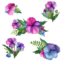 Summer watercolor flower arrangements. Pansies, leaves and flowers. Blue, purple and pink shades. Design for postcards, Mother's Day, summer weddings and other