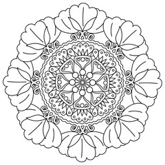 a fabulous flower. black-and-white contour drawing by hand. a circular symmetrical pattern. pattern, embroidery, coloring, print.