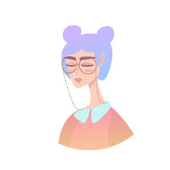 Young pretty woman. Female cartoon character with blue hair.
