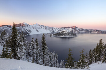 Beautiful sunset view at Crater Lake in winter season. Crater Lake National Park, Oregon, USA  © Victoria Ditkovsky
