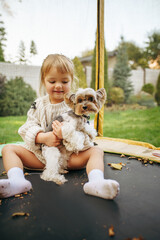 Kid play with funny dog on trampoline in garden