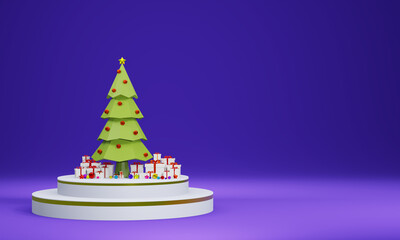 Christmas tree surrounded by glass ball gift boxes on blue background