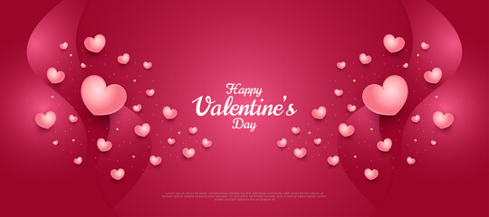 Happy Valentine's Day banner with cute 3d hearts spread on red gradient background. Holiday gift card. Romantic background with 3d decorative objects. Vector illustration