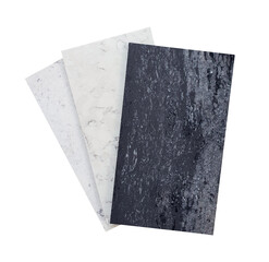 interior material marble samples swatch containing black marble ,white carrara and white diamond stone texture isolated on white background with clipping path.