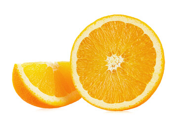 Orange fruit with orange slices isolated on white background.