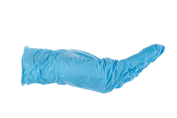 Blue medical disposable glove on white background. Pandemic.