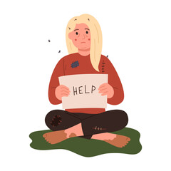 A homeless woman is sitting on the grass with a help sign. Vector illustration on white isolated background