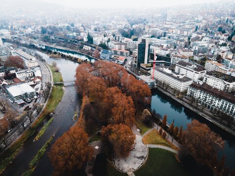 Aerial photo of Park Platzspitz in Zurich, Switerland