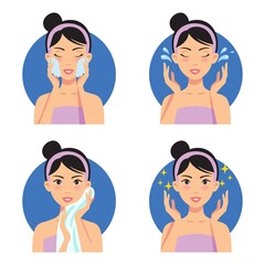 Skin care face cleanse washing beauty regimen vector illustration