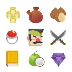 Set of different items. Vector background illustration screen to the computer game. Bright background image to create original video or web games, graphic design, screen savers.