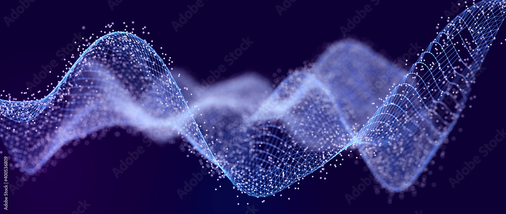 Poster Futuristic background of points with a dynamic wave. Excellent data visualization. 3D rendering.