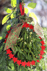 weihnachtsdekoration mit einem mistelzweig mit roter sternen schleife und grünem verzierten band