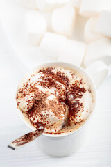 Hot chocolate and marshmallow sprinkled with chocolate chips.