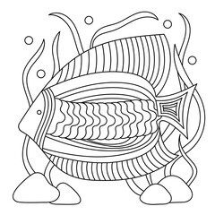 Coloring book page. Sea fish and algae. Under water. Marine vector motif . Scribbles of the underwater world, sea, ocean, river . Vector Monochrome Aquariums